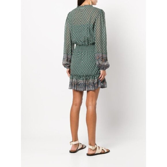 VERONICA BEARD DESTINY PRINTED SMOCKED WAIST V-NECK MINI DRESS IN GREEN SIZE 14 - Picture 2 of 11